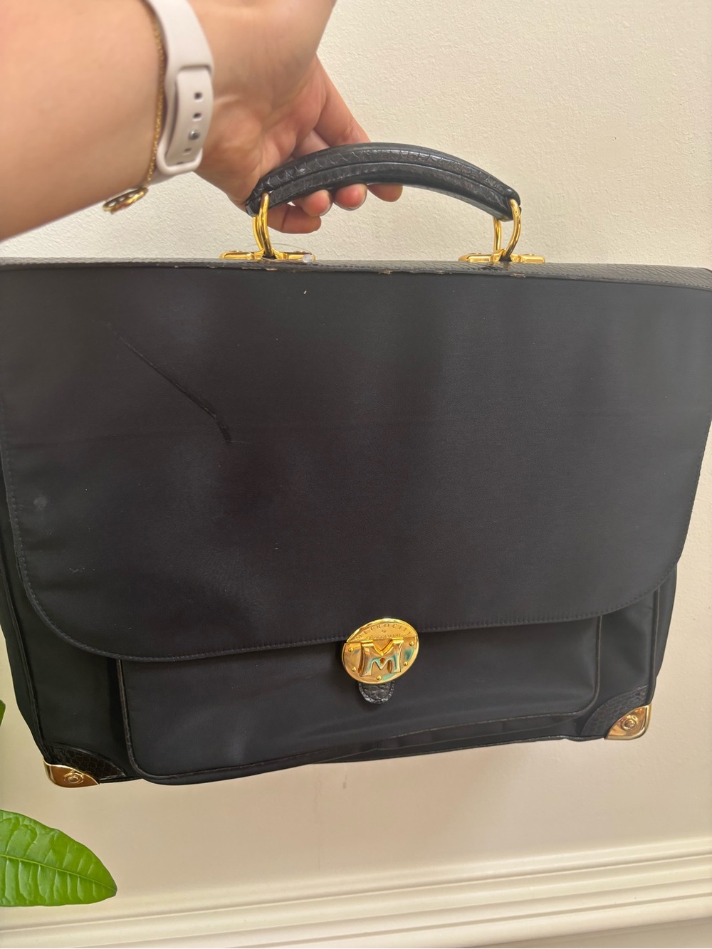 Vintage Italian Metrocity  Leather-Trim Briefcase with Gold Hardware